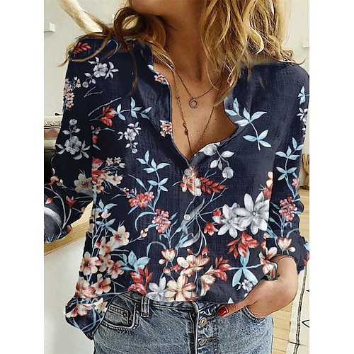 

Mulheres Camisa Social Blusa Azul Roxo Verde Floral Botão Imprimir Manga Longa Feriado Final de semana Roupa de rua Casual Colarinho de Camisa Padrão Tema Flores S