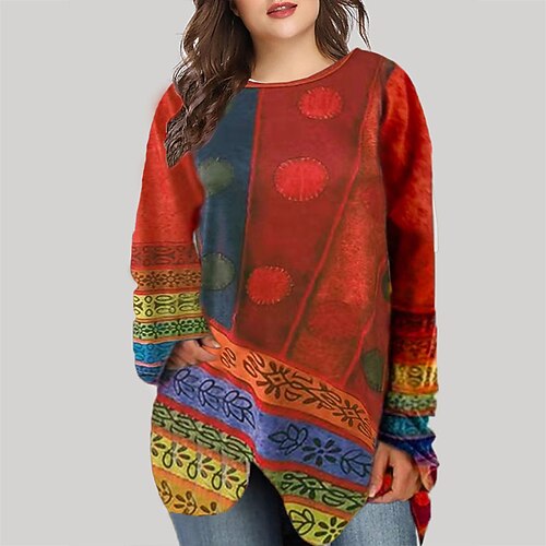 

Women's Plus Size Tops T shirt Tee Hoodie Sweatshirt Graphic Multi Color Print Long Sleeve Round Neck Ethnic Casual Hoodie Causal Daily Polyester Fall Winter Green Purple / Loose Fit