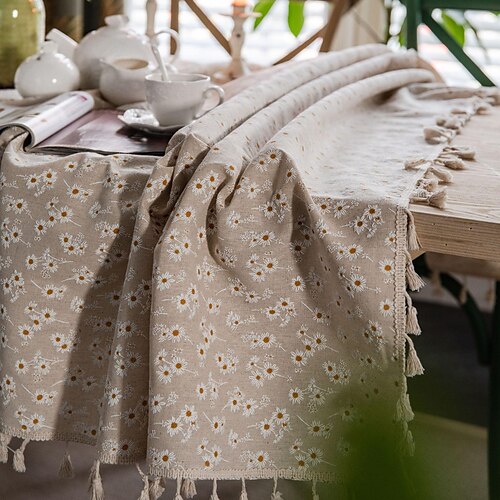 

Tablecloth Cotton Linen Rectangle Tassel Table Cloths Farmhouse Style for Kitchen Dining, Party, Holiday, Christmas, Buffet