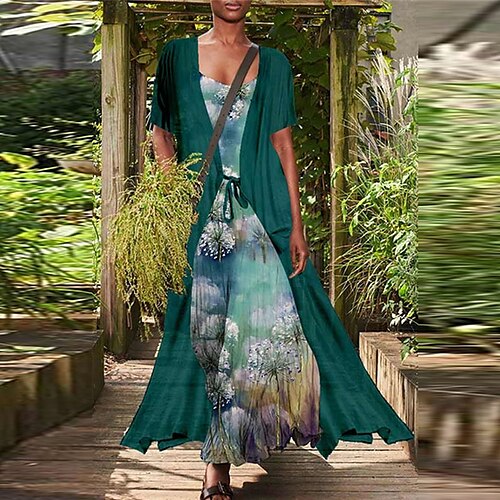 

Women's Dress Set Two Piece Dress Swing Dress Long Dress Maxi Dress Green Black Purple Short Sleeve Floral Print Spring Summer Crew Neck Weekend Loose Fit 2022 S M L XL XXL 3XL 4XL 5XL