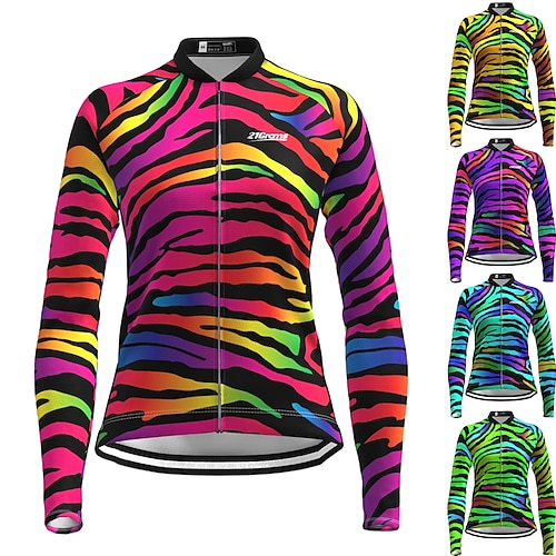 

21Grams Women's Cycling Jersey Long Sleeve Bike Jersey Top with 3 Rear Pockets Mountain Bike MTB Road Bike Cycling Breathable Quick Dry Moisture Wicking Reflective Strips Green Purple Yellow Zebra