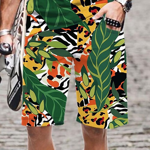 

Men's Casual Fashion Shorts Beach Shorts 3D Print Elastic Drawstring Design Knee Length Pants Daily Holiday Micro-elastic Graphic Leopard Comfort Soft Mid Waist Grass Green Green Black Orange M L XL