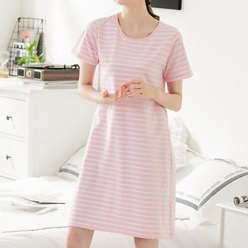 

Women's Pajamas Nightgown Nighty Pjs Stripe Fashion Simple Comfort Home Daily Bed Cotton Breathable Gift Crew Neck Short Sleeve Spring Summer Light Pink Green / Sweet / Cross