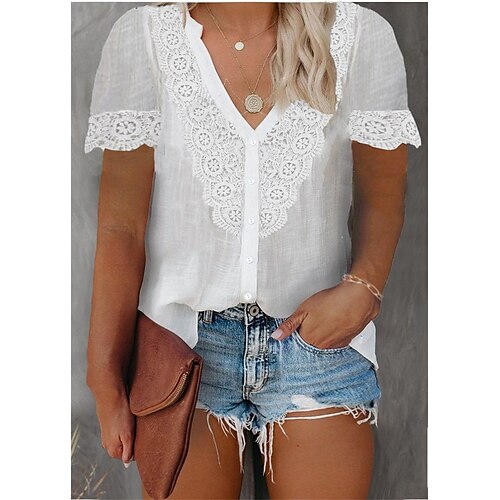 

Women's Plus Size Tops T shirt Tee Plain Lace Short Sleeve V Neck Basic Streetwear Daily Going out Linen Spring Summer White