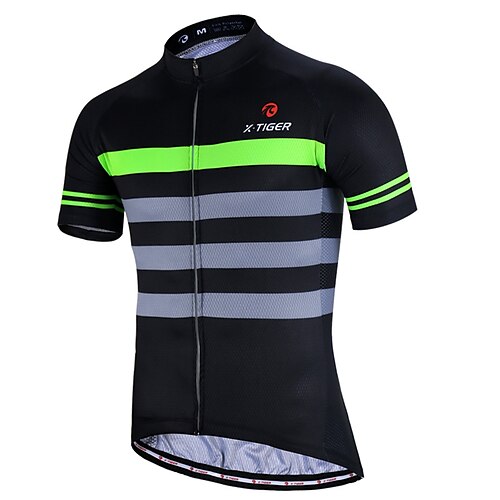 

Men's Cycling Jersey Short Sleeve Bike Top with 3 Rear Pockets Mountain Bike MTB Road Bike Cycling Breathable Quick Dry Soft Reflective Strips Green Black Stripes Polyester Spandex Sports Clothing