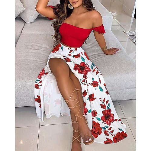 

Women's Crop Top Blouse Skirt Sets Basic Green Red Casual Vacation Floral Polka Dot Split Print Crew Neck S M L XL XXL