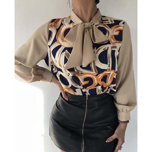 

Women's Blouse Graphic Patterned Daily Weekend Blouse Shirt Long Sleeve Lace up Print V Neck Casual Streetwear Khaki S / 3D Print