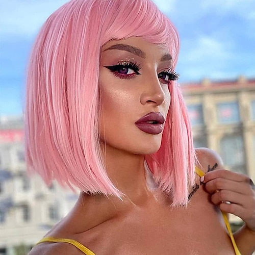 

Pink Wigs Ladies Pink Wig Short Bob Wig With Bangs Heat Resistant Synthetic Fiber Straight Hair Wig Daily Party Cosplay Bob Wig ChristmasPartyWigs