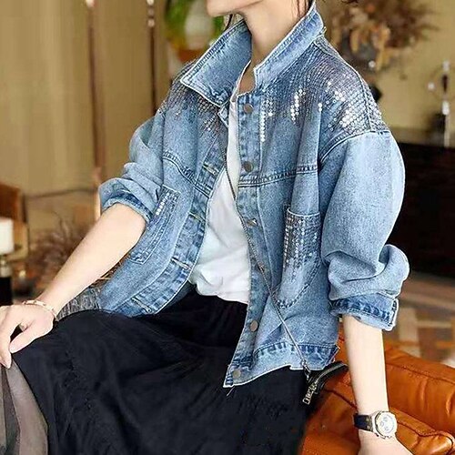 

Women's Denim Jacket Outdoor Street Spring Summer Short Coat Regular Fit Breathable Streetwear Casual Jacket Long Sleeve Solid Color Sequin Pocket Sequin Blue