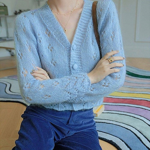 

Women's Cardigan Hollow Out Knitted Solid Color Stylish Casual Soft Long Sleeve Sweater Cardigans V Neck Fall Spring Blue Purple