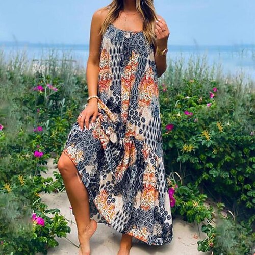 

Women's A Line Dress Midi Dress Dark Blue Sleeveless Floral Color Block Geometric Backless Ruffle Cold Shoulder Spring Summer V Neck Stylish Casual Vacation 2022 S M L XL