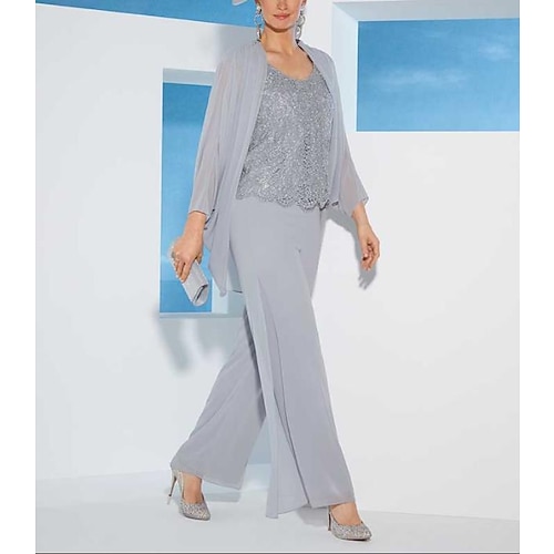 

Pantsuit 3 Piece Suit Mother of the Bride Dress Plus Size Elegant Jewel Neck Ankle Length Chiffon Lace Sleeveless Wrap Included with Appliques 2022