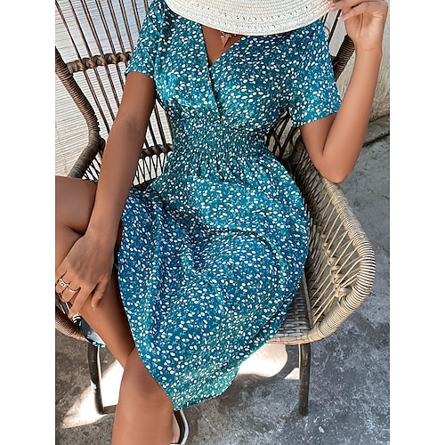 

Women's Casual Dress Midi Dress Wine Dark Green Dark Blue Short Sleeve Floral Print Spring Summer V Neck 2022 S M L XL