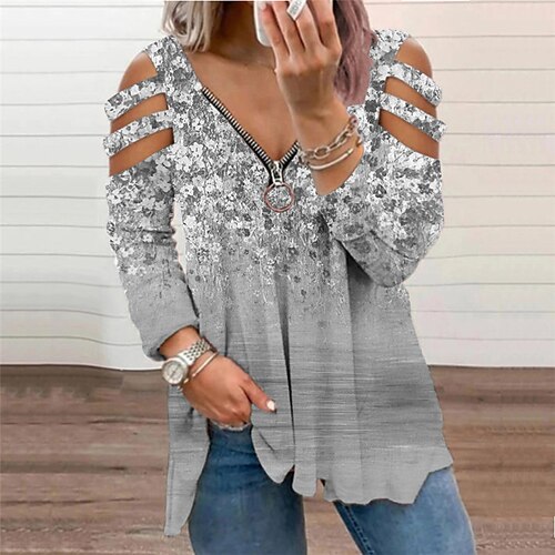 

Women's Plus Size Tops Blouse Shirt Floral Zipper Cut Out Long Sleeve V Neck Streetwear Casual Daily Going out Cotton Blend Winter Fall Blue Purple