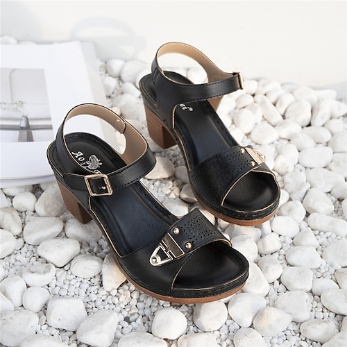 

Women's Sandals Studded Sandals Daily Wedding Sandals Summer Buckle Chunky Heel Round Toe Vintage PU Leather Buckle Polka Dot Almond Black Rosy Pink