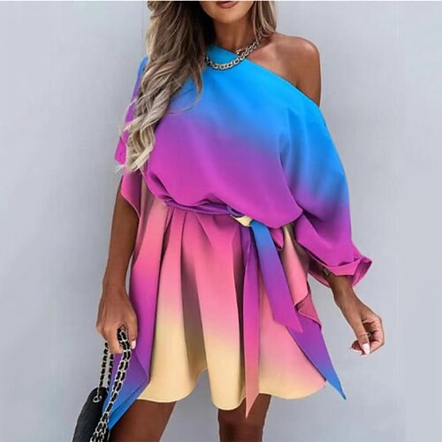 

Mulheres Vestido casual Minivestido Arco-íris Meia Manga Arco-Íris Cordões Verão Primavera Decote Canoa à moda Ajuste Largo 2023 S M L XL