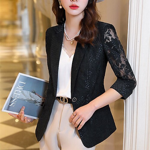 

Women's Blazer Outdoor Street Daily Spring Summer Regular Coat Regular Fit Breathable Streetwear Elegant Jacket Long Sleeve Floral Lace Pocket Black Blue Yellow / Print