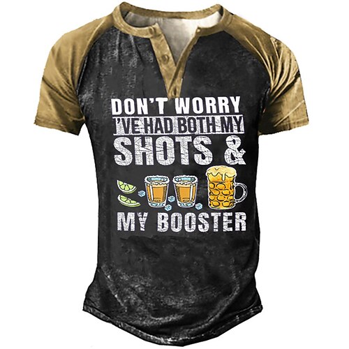 

Men's T shirt Tee Henley Shirt Tee Graphic Letter Drink Henley Yellow Brown Gray 3D Print Casual Daily Short Sleeve Button-Down Print Clothing Apparel Vintage Sports Fashion Big and Tall / Summer