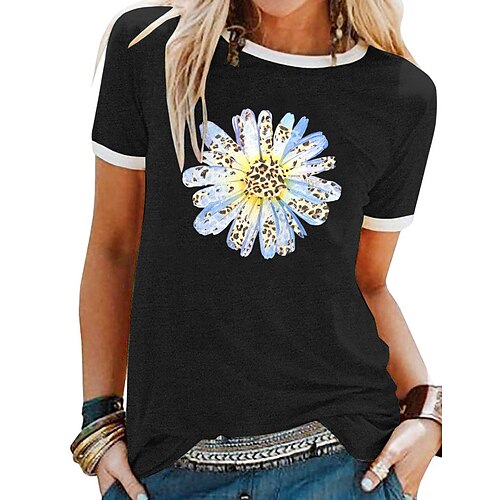 

Women's T shirt Tee Green Blue Purple Floral Daisy Patchwork Print Short Sleeve Daily Weekend Basic Round Neck Regular S