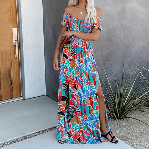 

Damen Schaukelkleid Boho-Kleid Grün Blau Rosa Kurzarm Blumen Rüschen Frühling Sommer Schulterfrei Wochenende Schlank 2022 S M L XL