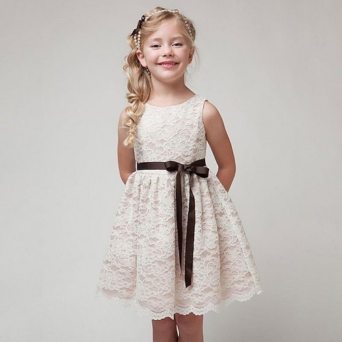 

Kids Girls' Dress Solid Colored A Line Dress Above Knee Dress Birthday Lace Sleeveless Cute Dress 3-12 Years Fall Black Beige White