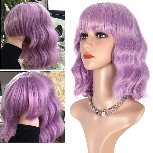 

Light Purple Wig Short Wavy Bob Wig with Bangs Shoulder Length Colored Wigs for Women Pastel Curly Synthetic Bob Wig for Daily Party Cosplay