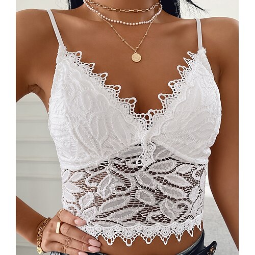 

Mujer Top corto Camiseta sin mangas Chaleco Negro Blanco Plano Encaje Sin Mangas Festivos Fin de semana Ropa de calle Sensual Escote en Pico Cultivo S