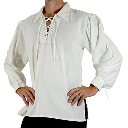 

Men's Tuxedo Shirts Prom Shirt Solid Color Turndown White Black Party Outdoor Long Sleeve Lace up Clothing Apparel Vintage Fashion Breathable Comfortable