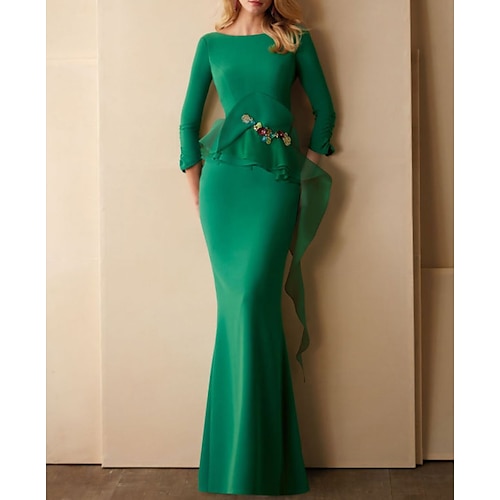 

Mermaid / Trumpet Beautiful Back Elegant Wedding Guest Formal Evening Dress Jewel Neck 3/4 Length Sleeve Floor Length Chiffon with Ruffles 2022