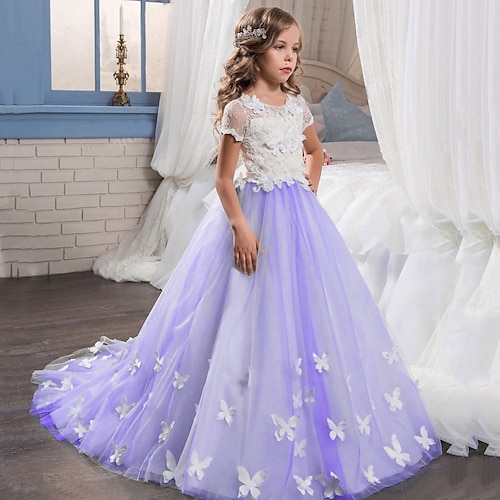 

Kids Little Girls' Dress Butterfly A Line Dress Party Wedding Embroidered Ruched Mesh Blue Purple Pink Asymmetrical Short Sleeve Princess Sweet Dresses Summer Regular Fit 4-12 Years