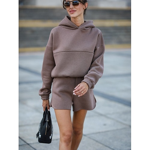 

Women's Hoodie Tracksuit Shorts Sets Basic Pink Khaki Sport Casual Plain Split Hooded S M L XL