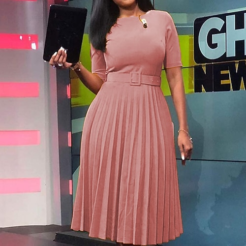 

Women's Plus Size Holiday Dress Solid Color Crew Neck Ruched Short Sleeve Spring Fall Casual Midi Dress Daily Work Dress