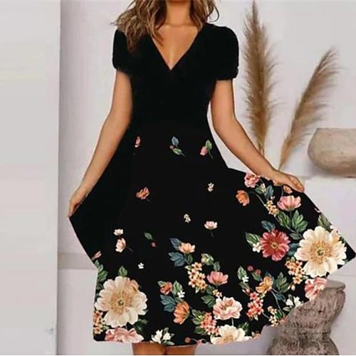 

Mulheres Vestido Swing Preto Manga Curta Floral Imprimir Primavera Verão Decote V Ajuste Largo 2022 S M L XL XXL 3XL