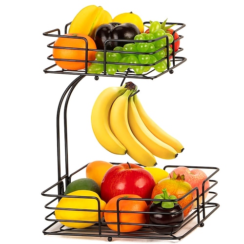 

2-Tier Square Countertop Fruit Vegetables Basket Bowl Storage with Grape Banana Hanger
