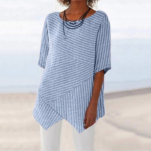 

Women's Blouse Shirt Blue Black Striped Patchwork Short Sleeve Casual Daily Vintage Casual Round Neck Regular Cotton S