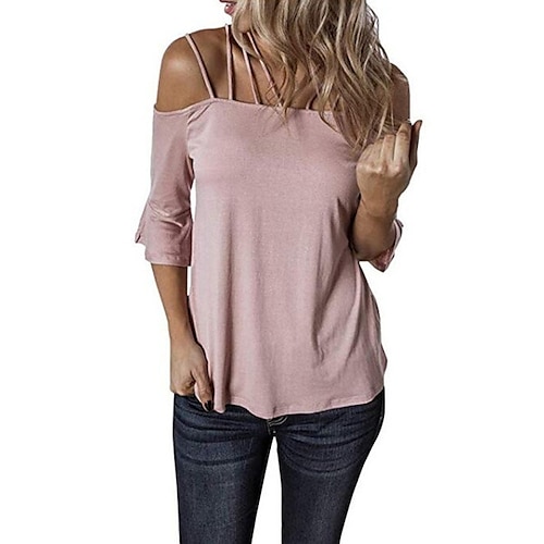 

Women's T shirt Tee Pink Wine Army Green Plain 3/4 Length Sleeve Casual Weekend Basic Off Shoulder Regular S