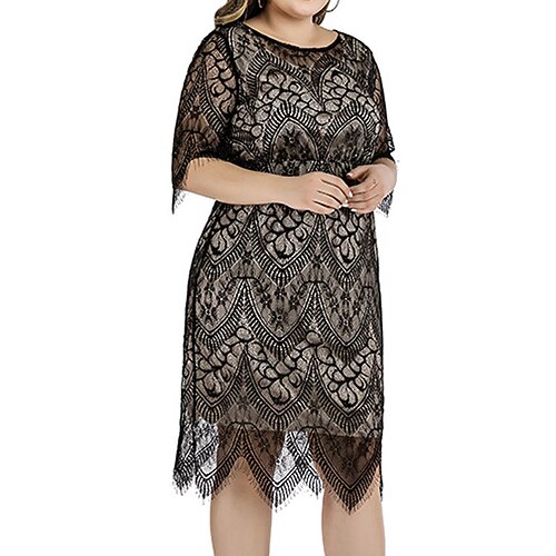 

Women's Plus Size Party Dress Floral Crew Neck Lace Half Sleeve Fall Winter Work Sexy Knee Length Dress Causal Daily Dress
