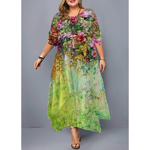 

Women's Plus Size A Line Dress Floral Round Neck Print Long Sleeve Fall Spring Casual Maxi long Dress Daily Holiday Dress