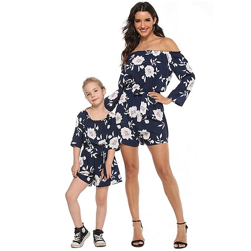 

Mommy and Me Jumpsuit Floral Graphic Daily Ruched Green Pink Navy Blue Long Sleeve Adorable Matching Outfits