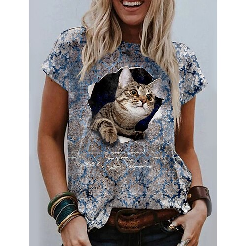 

Mujer Camiseta Azul Piscina Morado Marrón Gato 3D Estampado Manga Corta Casual Fin de semana Básico Escote Redondo Regular Gato 3D Pintura S