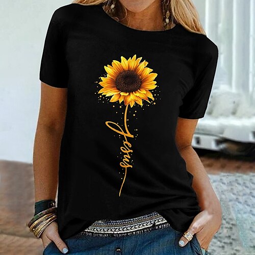 

Women's T shirt Tee Dark Gray Navy Blue White Sunflower Print Short Sleeve Casual Holiday Basic Round Neck Regular Cotton Floral Painting S