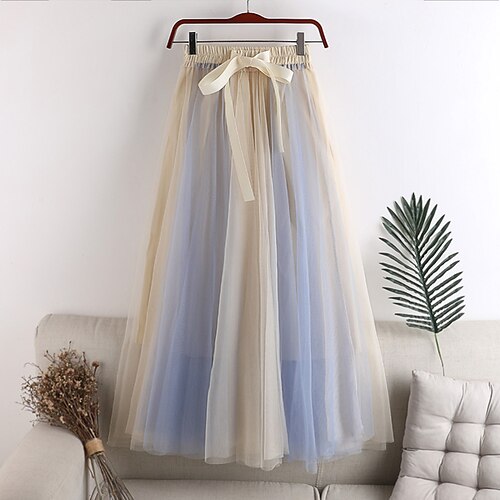 

Women's Skirt Swing Midi Organza Pink Dusty Rose Brown Light Blue Skirts Spring & Fall Patchwork Drawstring Layered Fashion Going out Casual Daily One-Size / Loose Fit