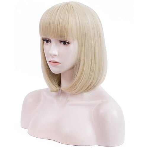 

blond paryk med pandehår kort blonde bob paryk til kvinder 12 tommer lige hår parykker til piger varmevenlige syntetiske cosplay festparykker