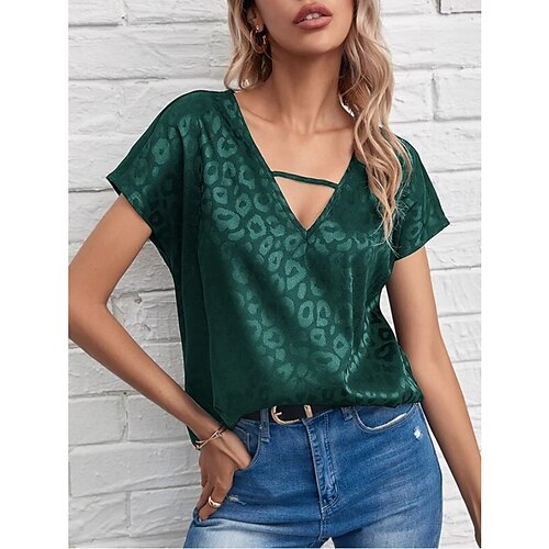 

Women's T shirt Tee Green Pink Khaki Leopard Short Sleeve Casual Weekend Basic V Neck Regular S