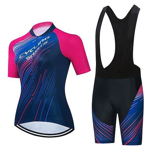 

21Grams Women's Cycling Jersey with Bib Shorts Short Sleeve Mountain Bike MTB Road Bike Cycling Dark Blue Stripes Bike Clothing Suit 3D Pad Breathable Quick Dry Moisture Wicking Back Pocket Polyester