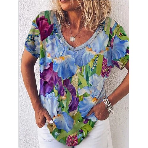 

Women's T shirt Tee Rainbow Floral Patchwork Print Short Sleeve Casual Daily Basic Vintage V Neck Regular Floral S / 3D Print