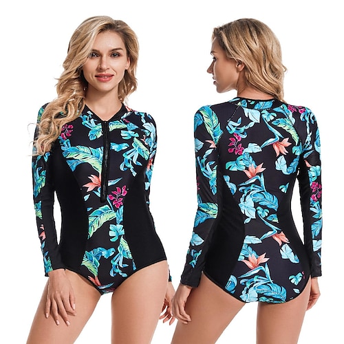 

Women's Rash Guard One Piece Swimsuit UV Sun Protection UPF50 Breathable Long Sleeve Swimwear Bathing Suit Front Zip V Neck Swimming Surfing Beach Water Sports Floral Summer / Stretchy / Quick Dry