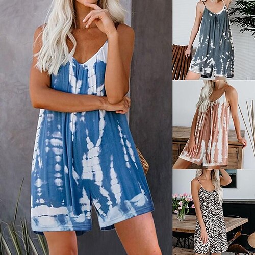 

Women's tie-dye printing suspender jumpsuit shorts