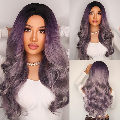 

Ombre Brown Mixed Purple Blonde Long Synthetic Wave Wigs for Women Heat Resistant Colorful Fiber Cosplay Wigs