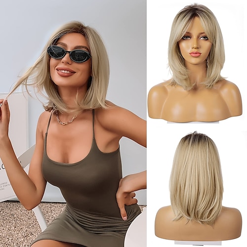 

Blonde Wigs with Bangs Blonde Wigs for Women Ombre Light Blonde Wig with Bangs Layered Middle Length Synthetic Wig Dark Roots Hair for Daily Party ChristmasPartyWigs